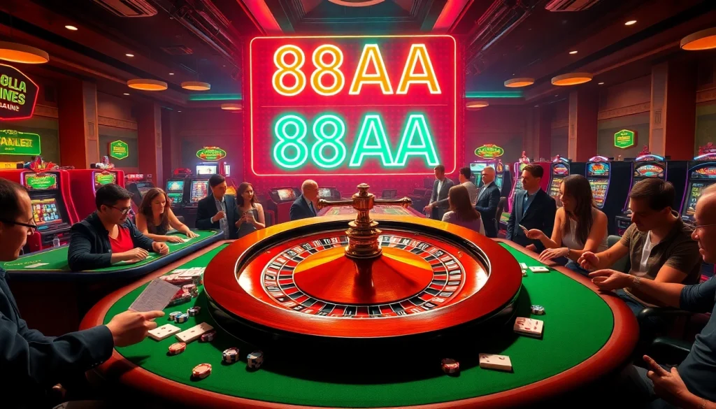 Experience the thrilling atmosphere of 88AA casino, featuring roulette and poker tables filled with eager players.