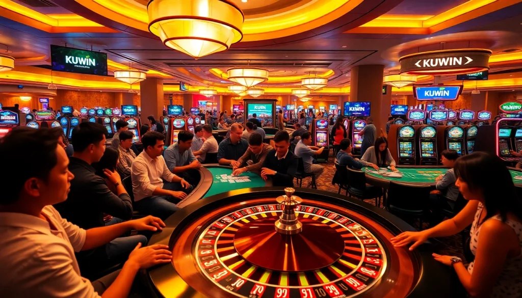 Players engaging in thrilling casino games featuring the KUWIN logo during an exciting gambling night.