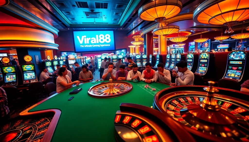 Exciting casino scene featuring players at the roulette table and slot machines, showcasing Viral88 gaming thrills.