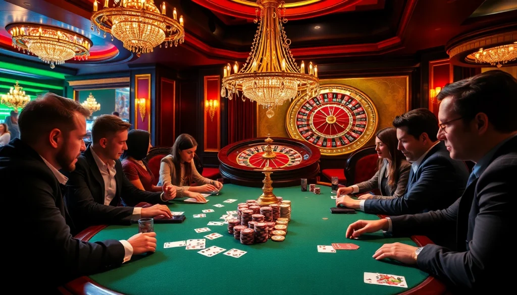 32WIN casino vibrant poker action with players, chips, and roulette wheel in an opulent setting.