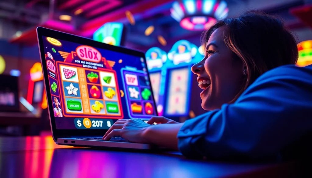 Engaging slot hoki experience on a laptop with vibrant colors and jackpot graphics.