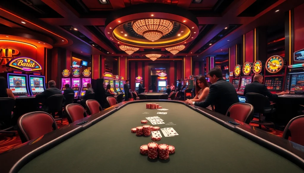 Experience the thrill of 'bet vip' at an upscale casino poker table, featuring high-stakes gameplay and vibrant slot machines.