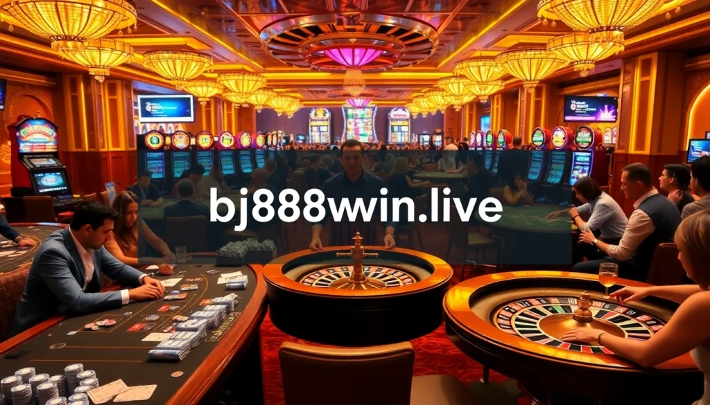Exciting casino scene showcasing players engaged at bj88win.live poker tables with vibrant lighting and rich decor.