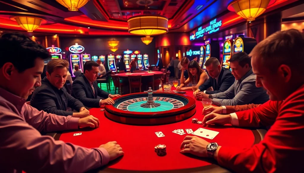 Capture the thrilling atmosphere of topnfljerseyswholesale.com in a luxurious casino, highlighting tense poker gameplay and vibrant slot machines.