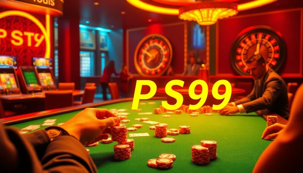 Experience the thrill of PS99 at a lively casino, showcasing poker tables, roulette wheels, and excited players.