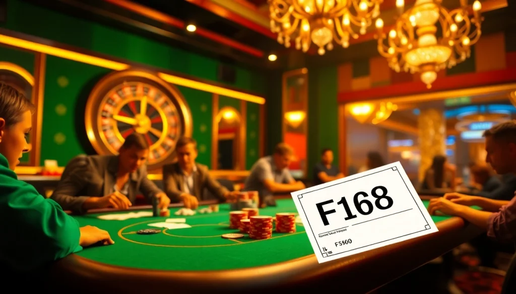 F168 poker players intensely strategizing at a bustling casino table.