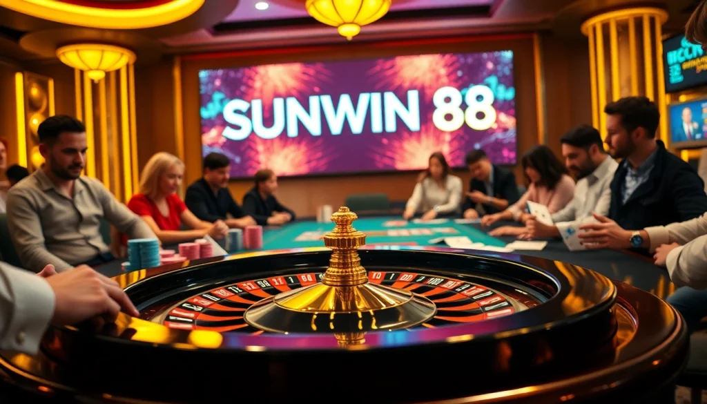 Experience the thrill of SUNWIN 88 with vibrant casino tables, colorful chips, and an intense poker game atmosphere.