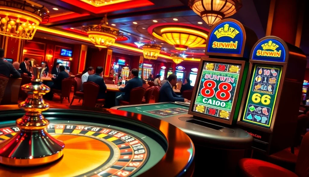 Experience exhilarating gameplay at SUNWIN 88's vibrant casino tables, featuring poker chips and roulette wheels.