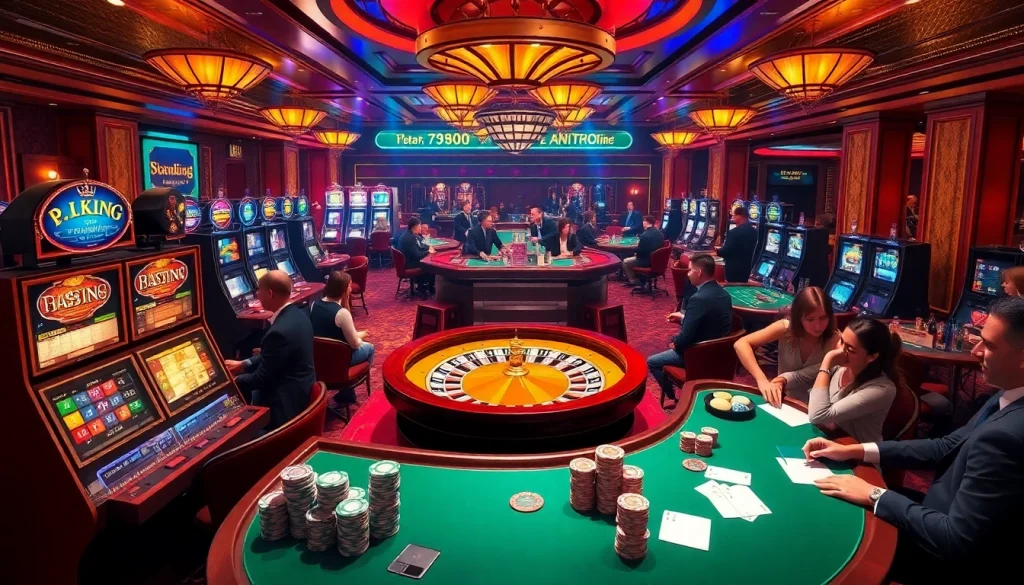 79KING players winning at a luxury casino with vibrant slot machines and a roulette wheel.